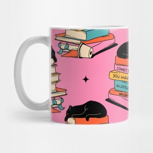 Books and Plant Black Cat Pattern in pink Mug